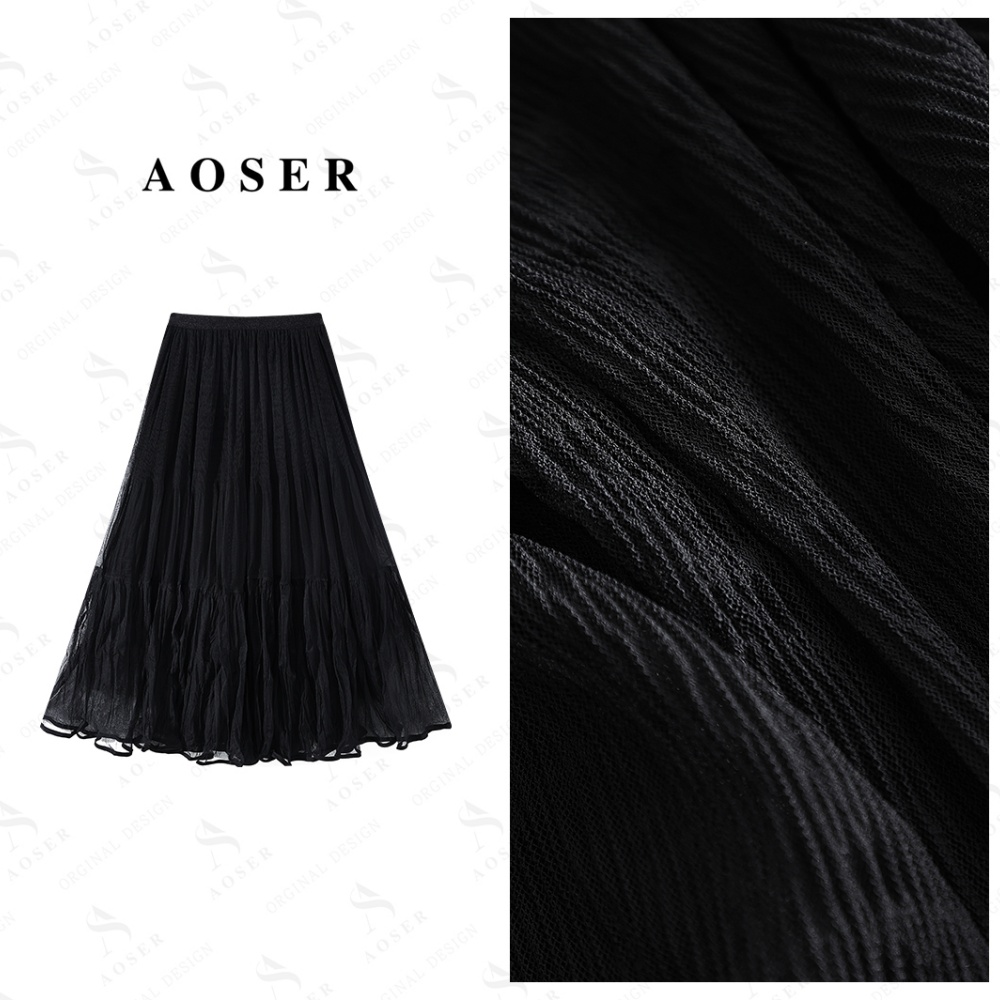 AOSER时尚百搭慵懒风秋冬黑色女装高腰纯色拼接百褶A字大摆裙9031