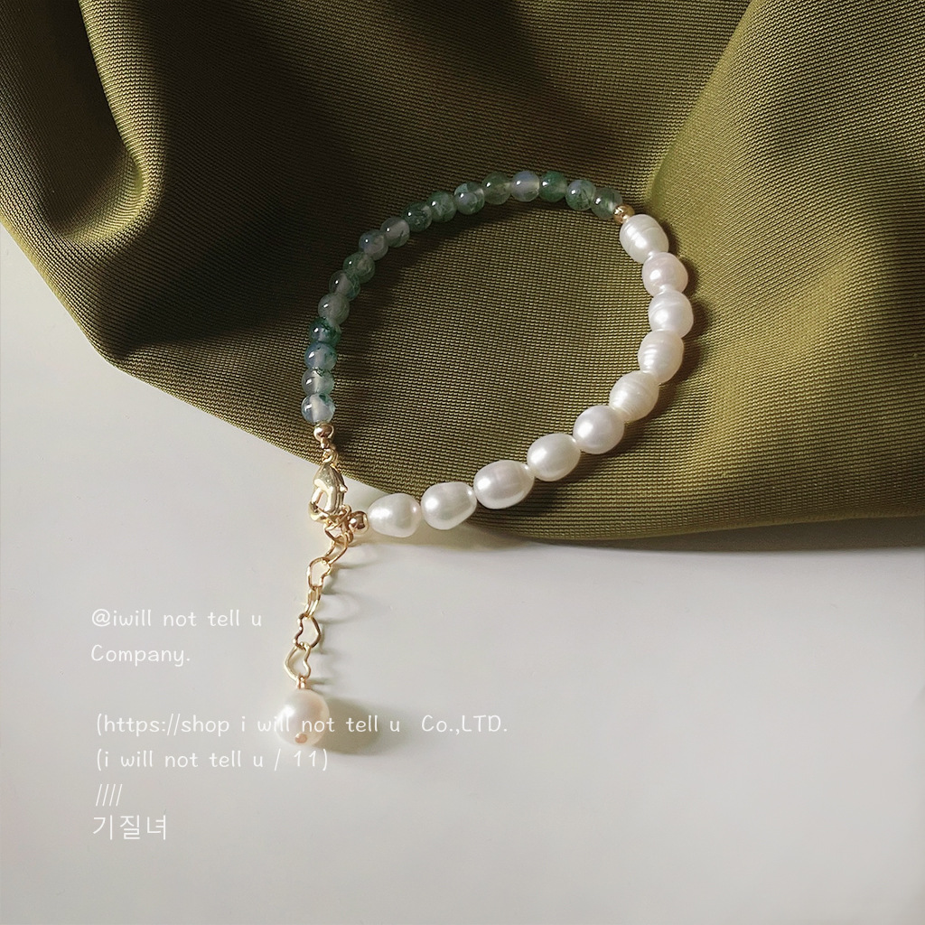 铜合金手链 鎏金饰界｜复古森系珠珠水草绿色石手作手链