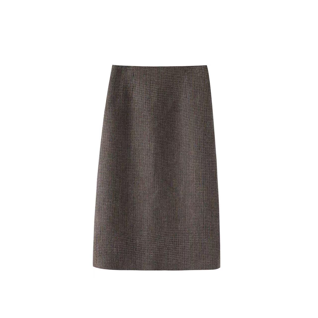 100%绵羊毛千鸟格小A高腰后开叉遮肉显瘦半身裙优雅气质秋冬A