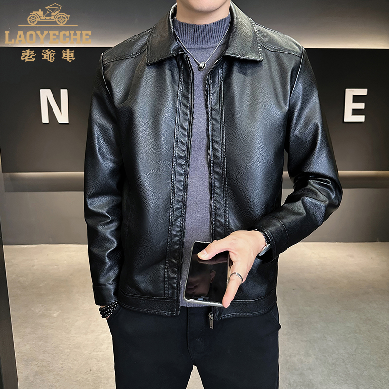 老爷车秋冬新款中青年男士修身翻领皮衣时尚休闲百搭机车服夹克衫