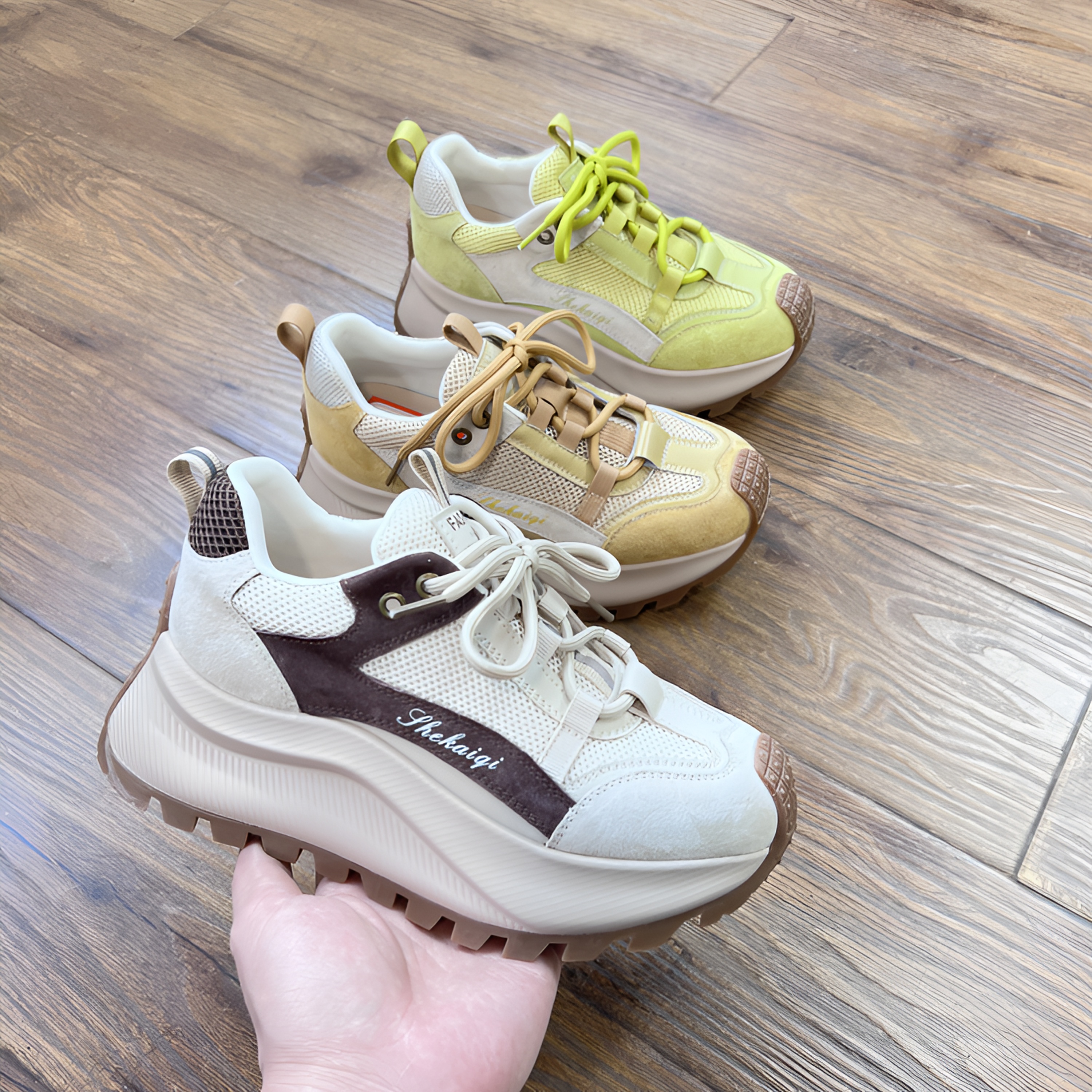 新款6厘米春秋复古系带舒适真皮阿甘鞋厚底拼色运动休闲鞋AY2581