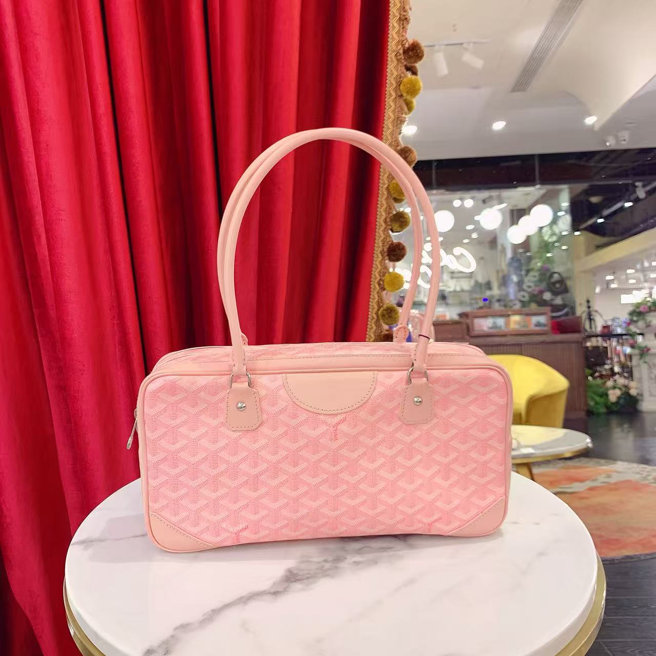 95新 YSL/圣罗兰 GGS保龄球包粉色银扣老花39731485