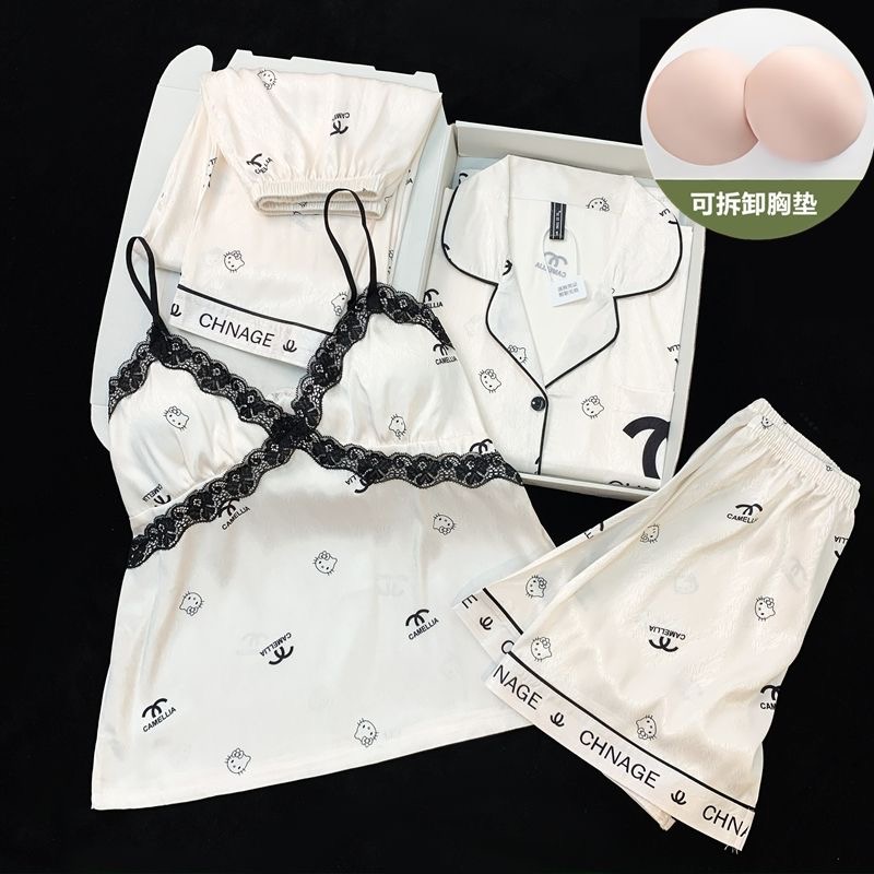 【四件套】睡衣女冰丝夏季夏天带胸垫高级国风轻奢吊带新款家居服