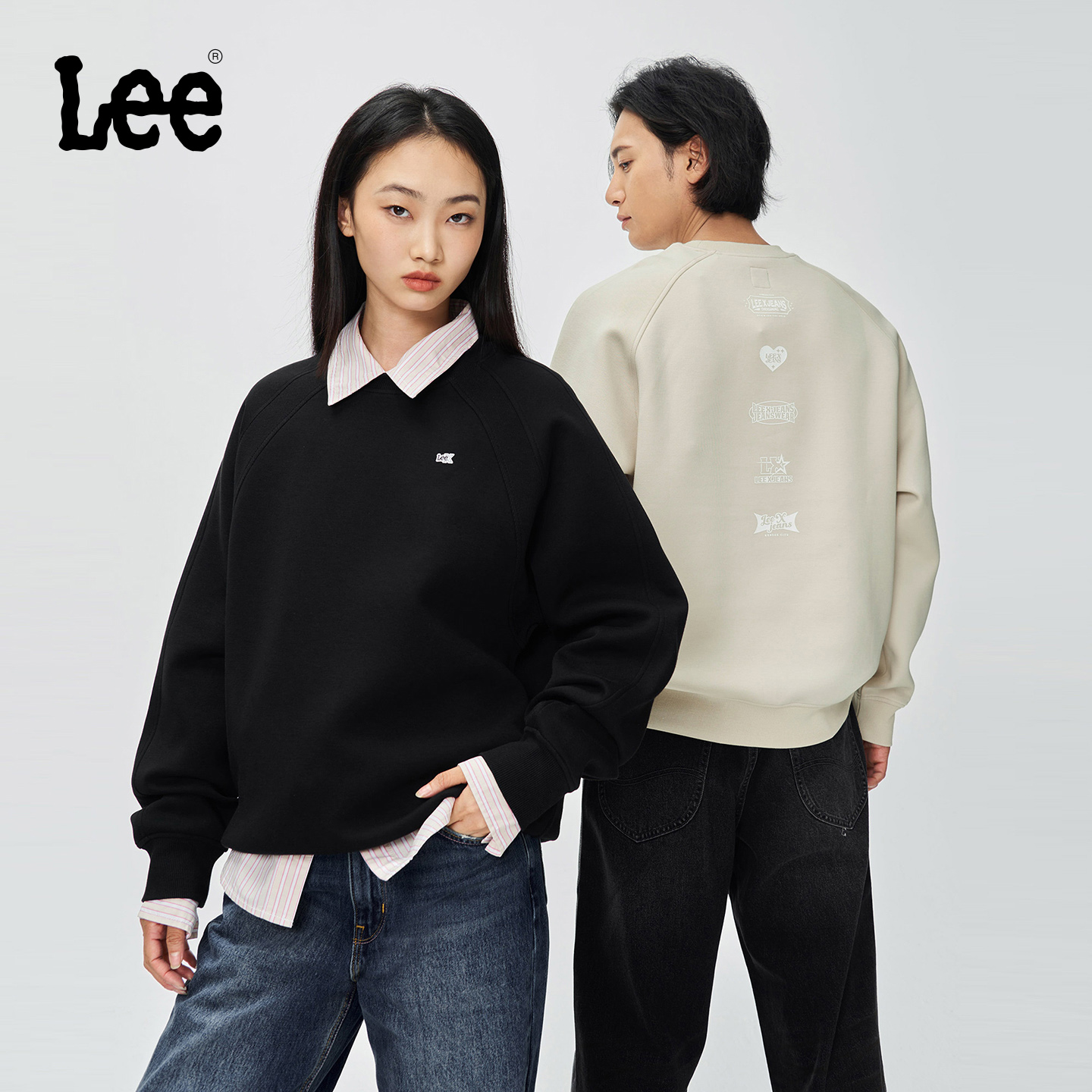 Lee25秋冬舒适版圆领印花Logo插肩袖设计男女同款长袖卫衣潮
