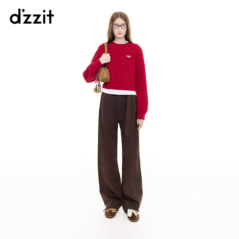 dzzit地素针织衫春秋复古红色绵羊毛绞花长袖上衣女3J1E4181H
