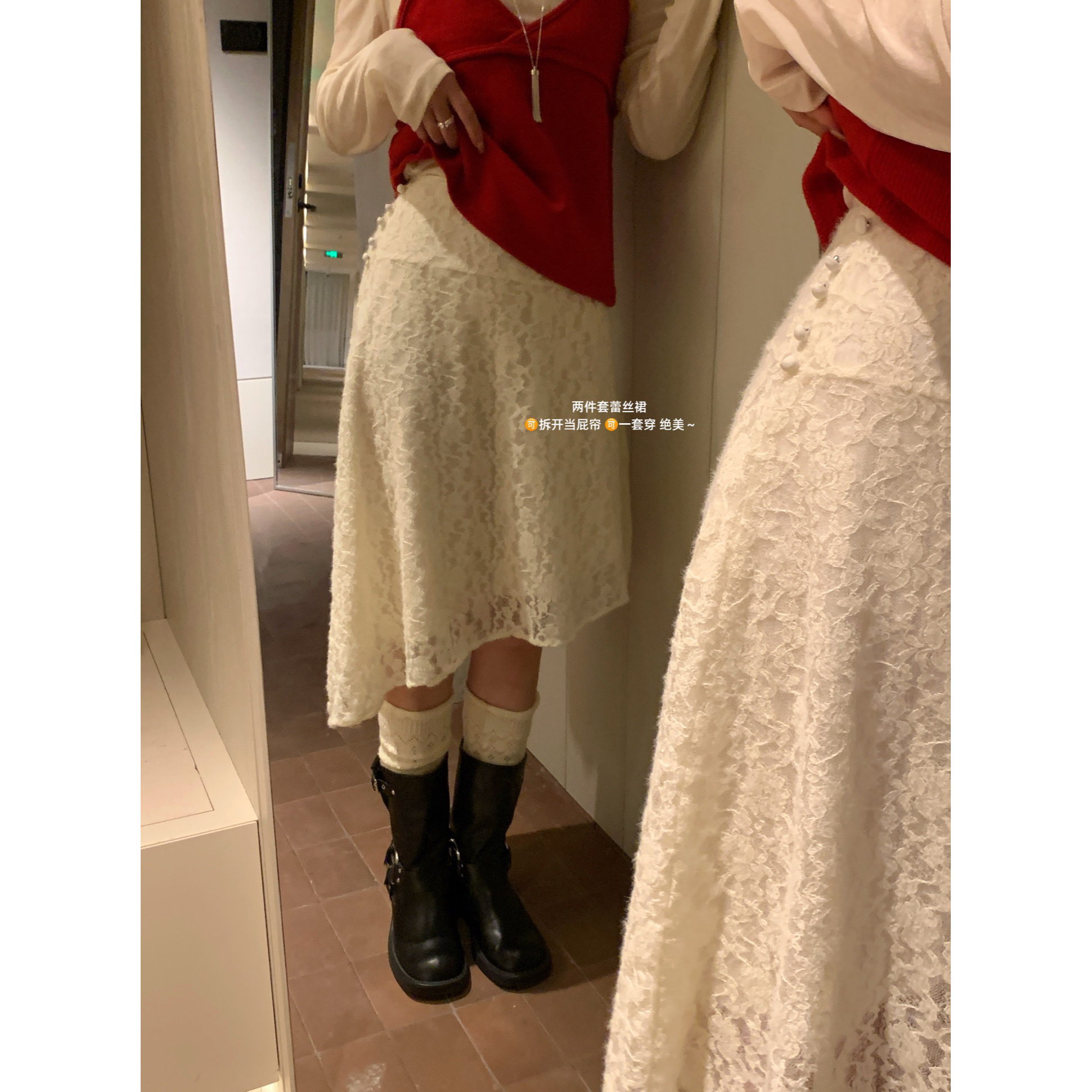 Beauty（9BT2226#）「韩系小众」真两件 蕾丝磨毛不规则半裙12-18