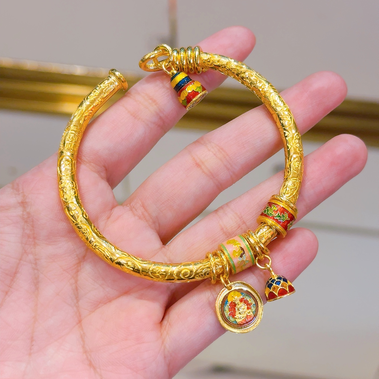 【铭记】足金999 珐琅 圆吉言开口手镯 实心 多样性发一 克重含珐琅