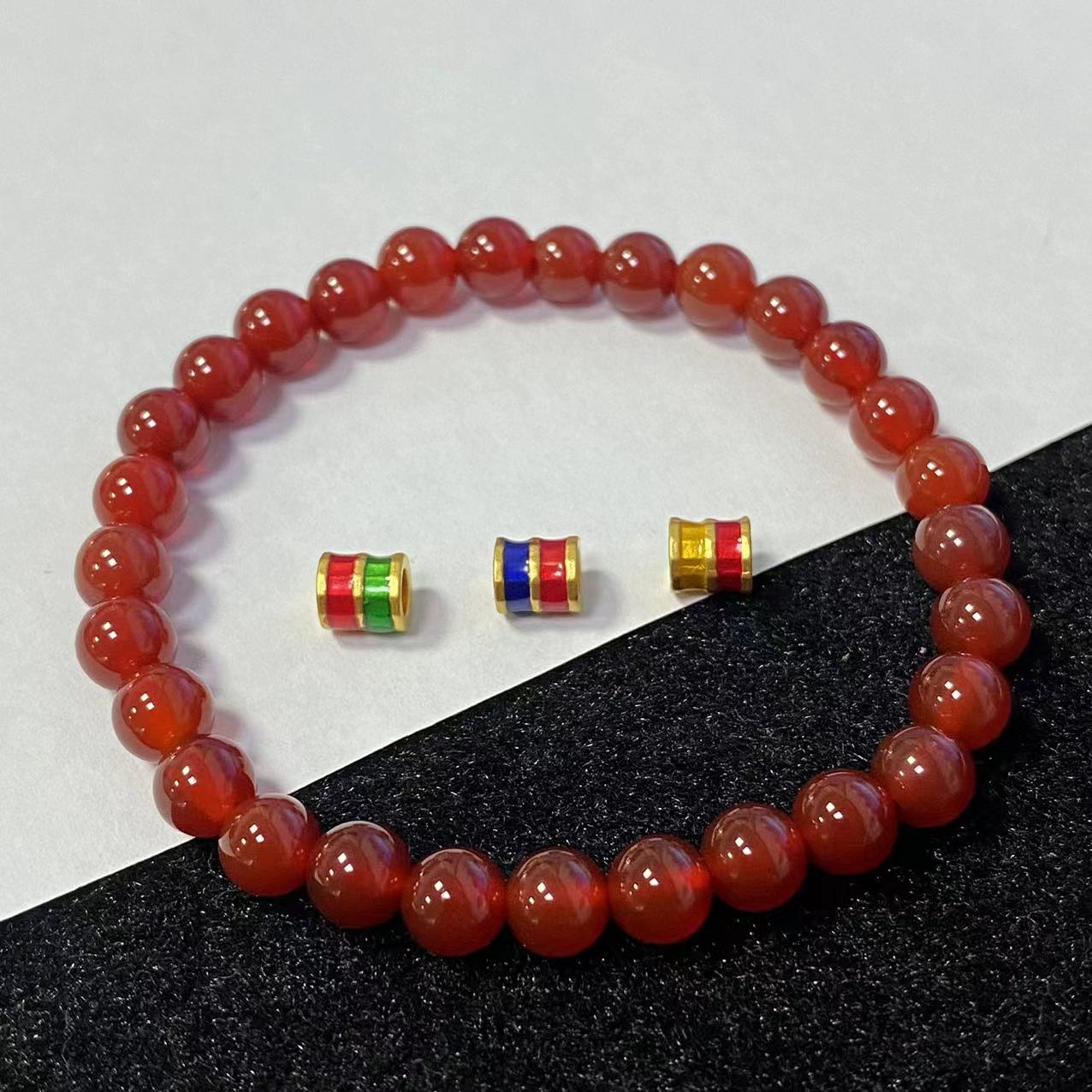 足金999烧蓝小蛮腰桶珠3件套红玛 瑙手串@@A127