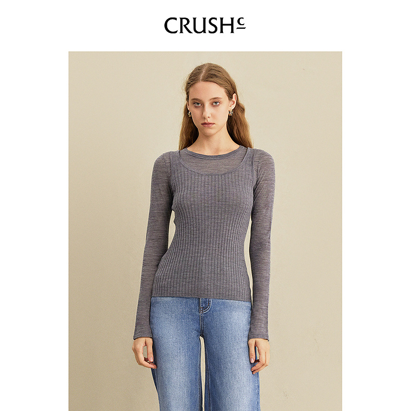 Crush Collection2025年早秋新款别致羊毛两件套圆领气质修身上衣