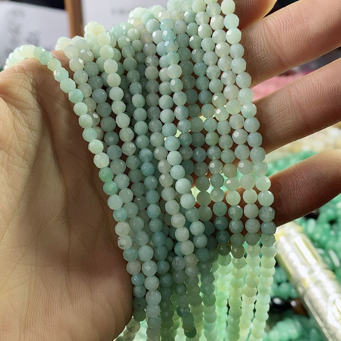 玛瑙/玉髓珠宝半成品合金一条天然4mm天河石切面圆珠