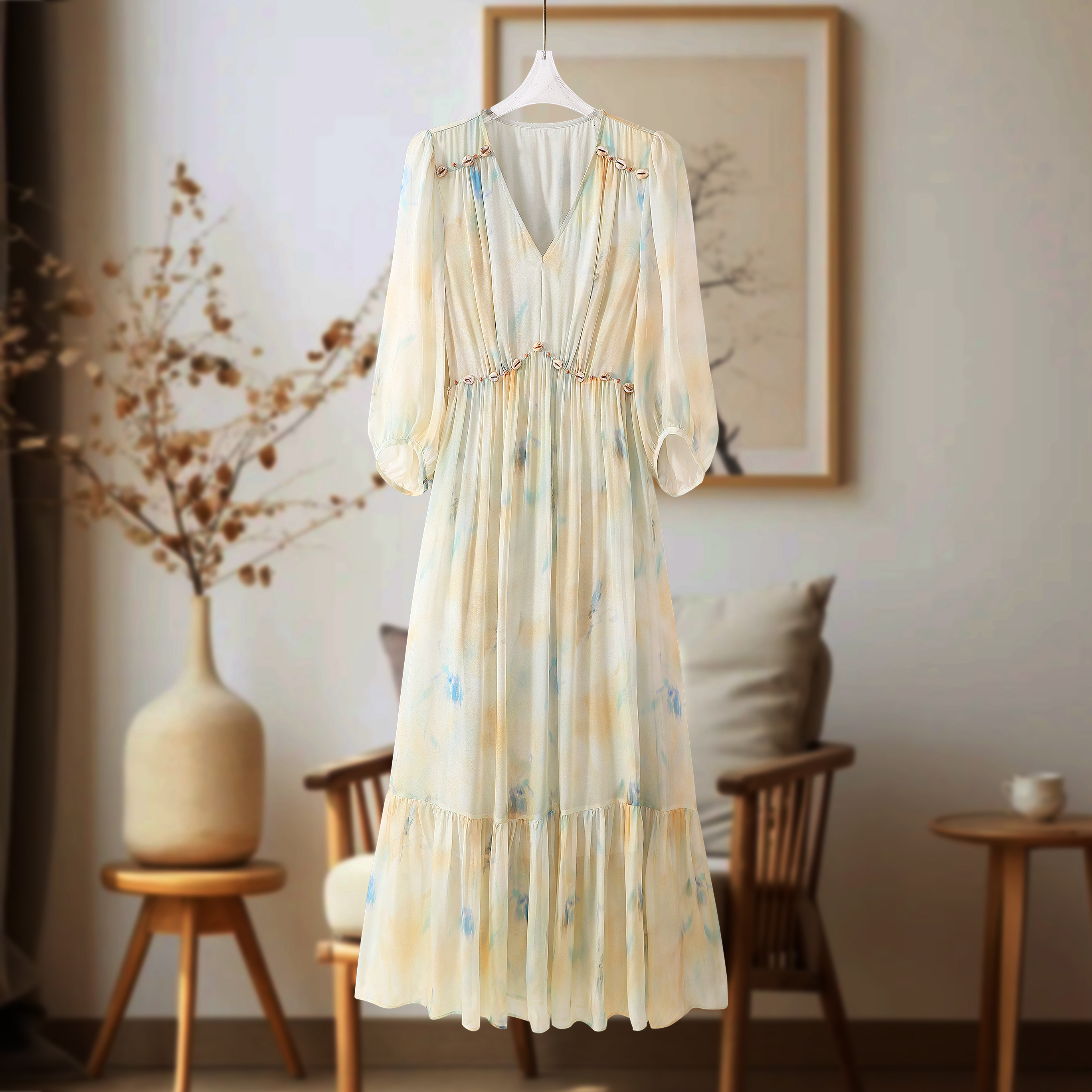 “优雅流传”缎面丝绸钉珠印花100%桑蚕丝优雅荷叶边连衣裙女士C545