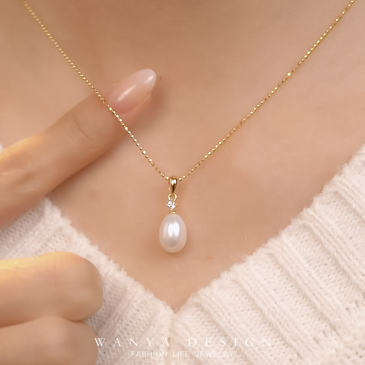 轻奢法式水滴形天然淡水珍珠吊坠女S925纯银气质优雅时尚锁骨链