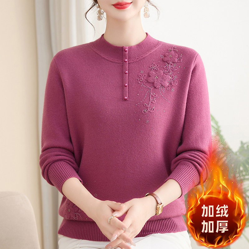 妈妈秋冬装加绒加厚毛衣洋气半高领中年装保暖内搭打底衫25235