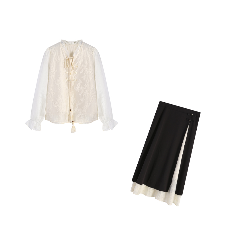 周周-春季新中式设计师杏色上衣+黑色长半裙ZL103394复古套装衬衫