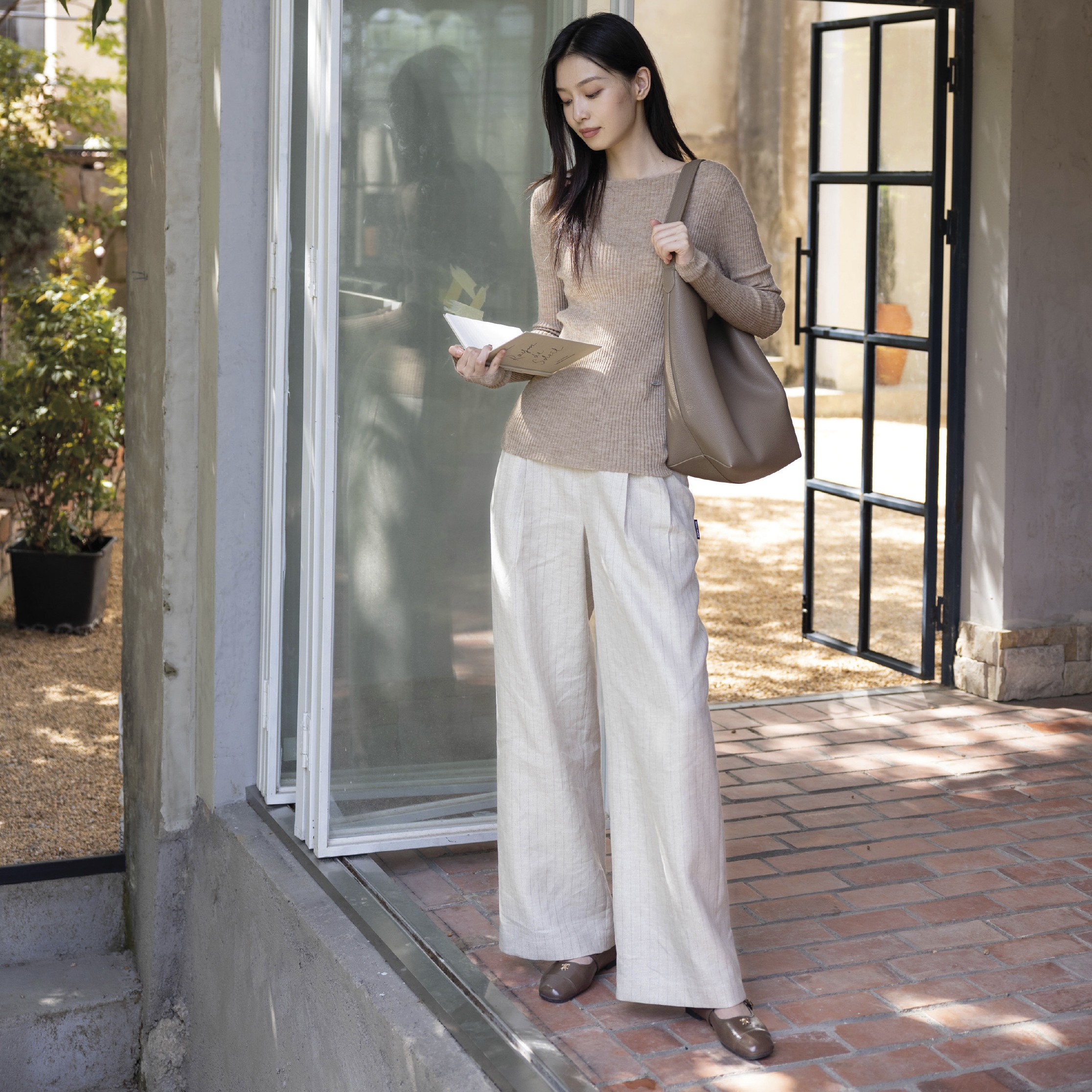 WIWH高腰条纹宽腿裤