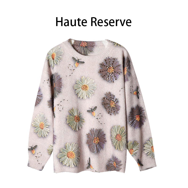 【巴黎时装款】高端5D太阳花立体印花重工烫钻水貂绒轻奢毛衣