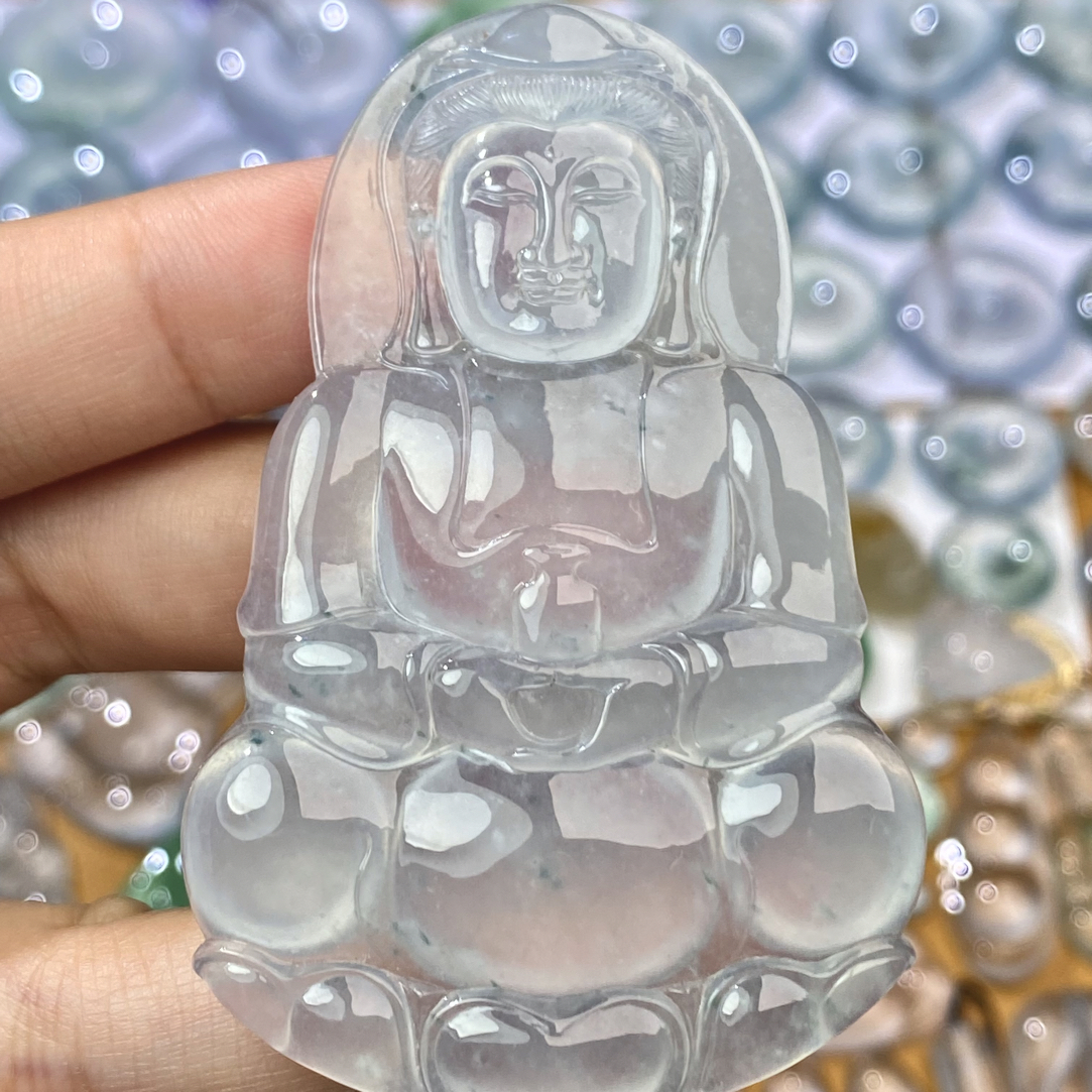 天然缅甸A货翡翠观音正冰飘蓝花冰胶正装吊坠尺寸：64.6-42-5.7