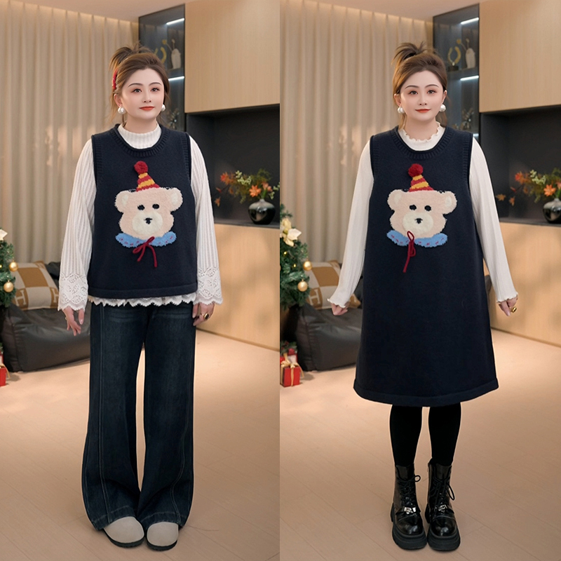 【胖佳佳】抱抱熊 冬季时尚提花加厚针织马甲连衣裙女H625Z21391