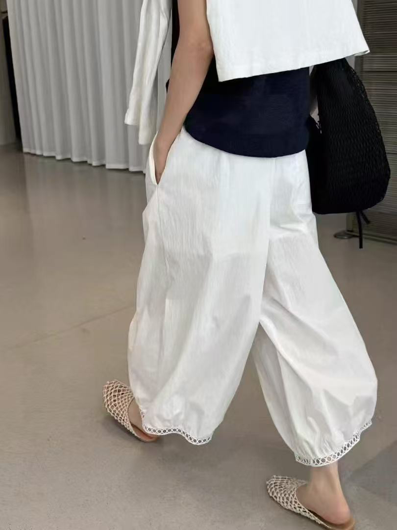 夏季镂空宽松阔腿裤薄款休闲裤纯色