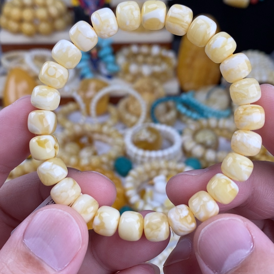 蜜蜡未镶嵌手链瓷白细纹蜡实虎皮纹8.8mm