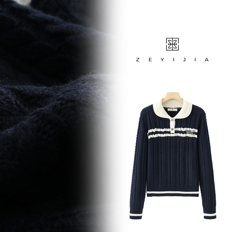 044【ZEYIJIA】POLO领常规款学院风拼接休闲拼色针织衫25135