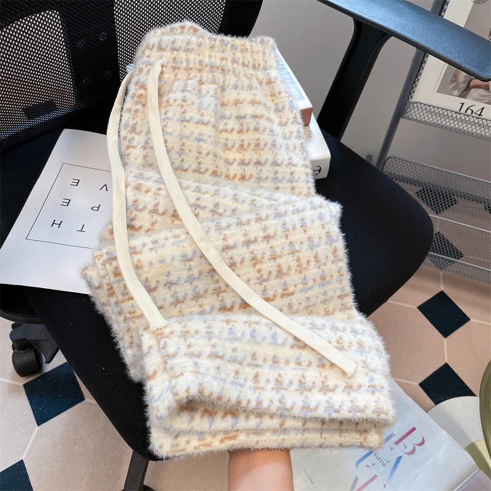 秋冬小香风千鸟格子阔腿糯米裤女小个子加厚水貂毛绒直筒拖地长裤