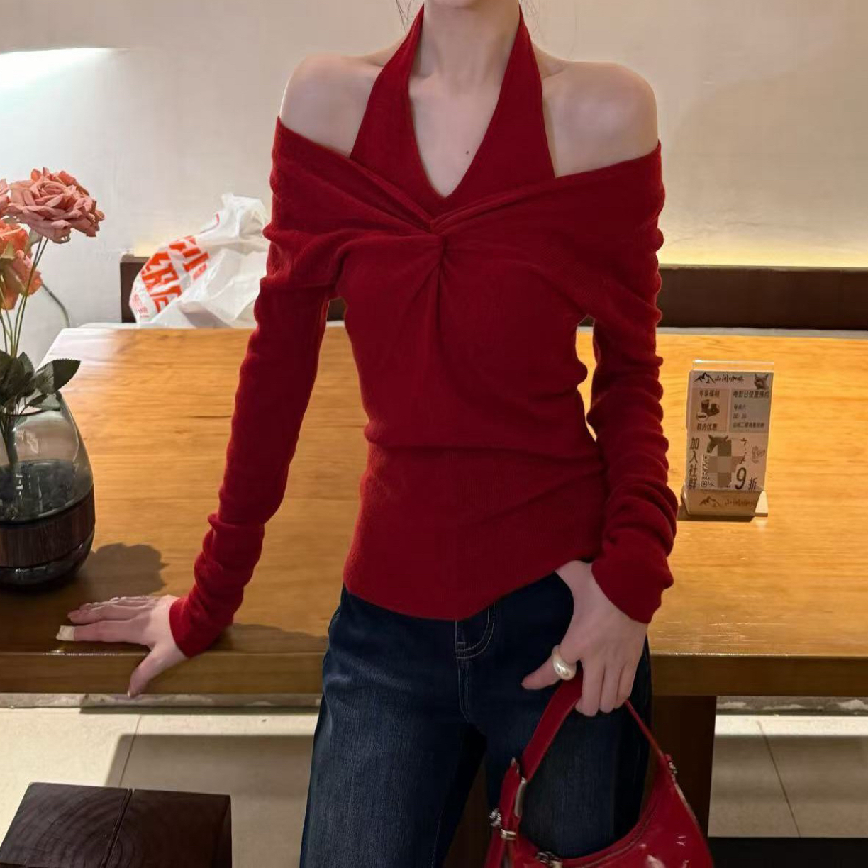 【CC定制】新款温柔挂脖V领假两件设计感百搭上衣