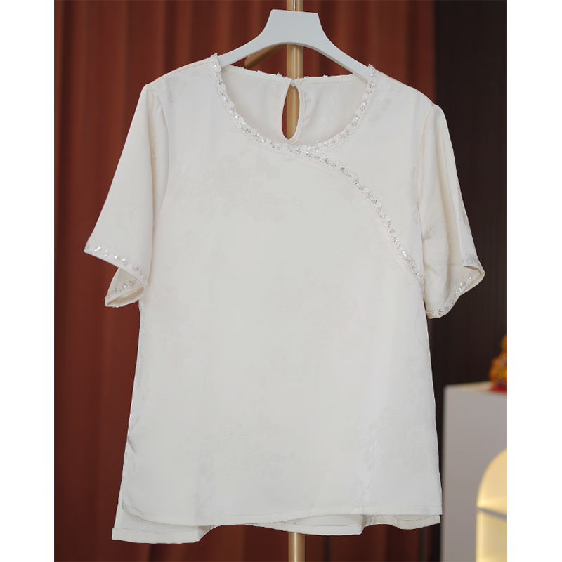 4930-钉珠短袖-夏季女新中式双面缂丝短袖显瘦上衣打底T恤