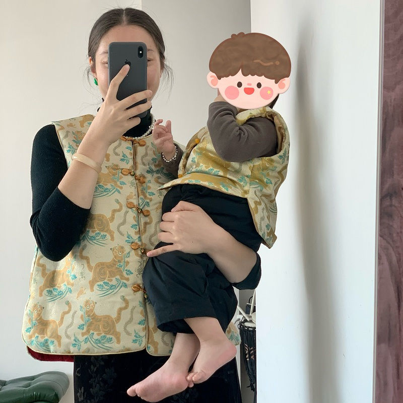 男女童新中式年服汉服冬装亲子加厚保暖国风马甲周岁绸缎马甲裤子