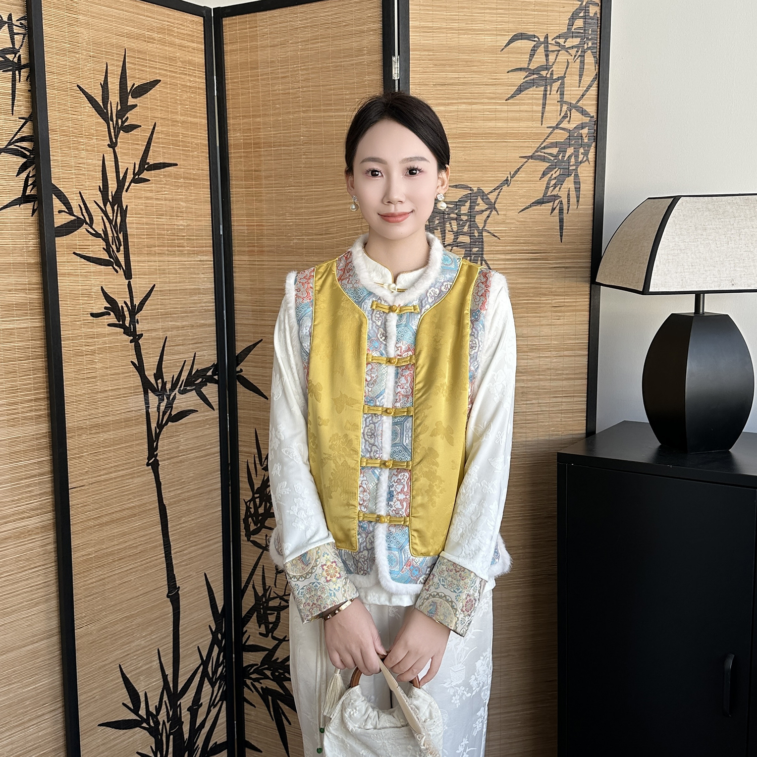 花间堂【扶摇】新中式国风气质时尚提花刺绣带毛领夹棉马夹