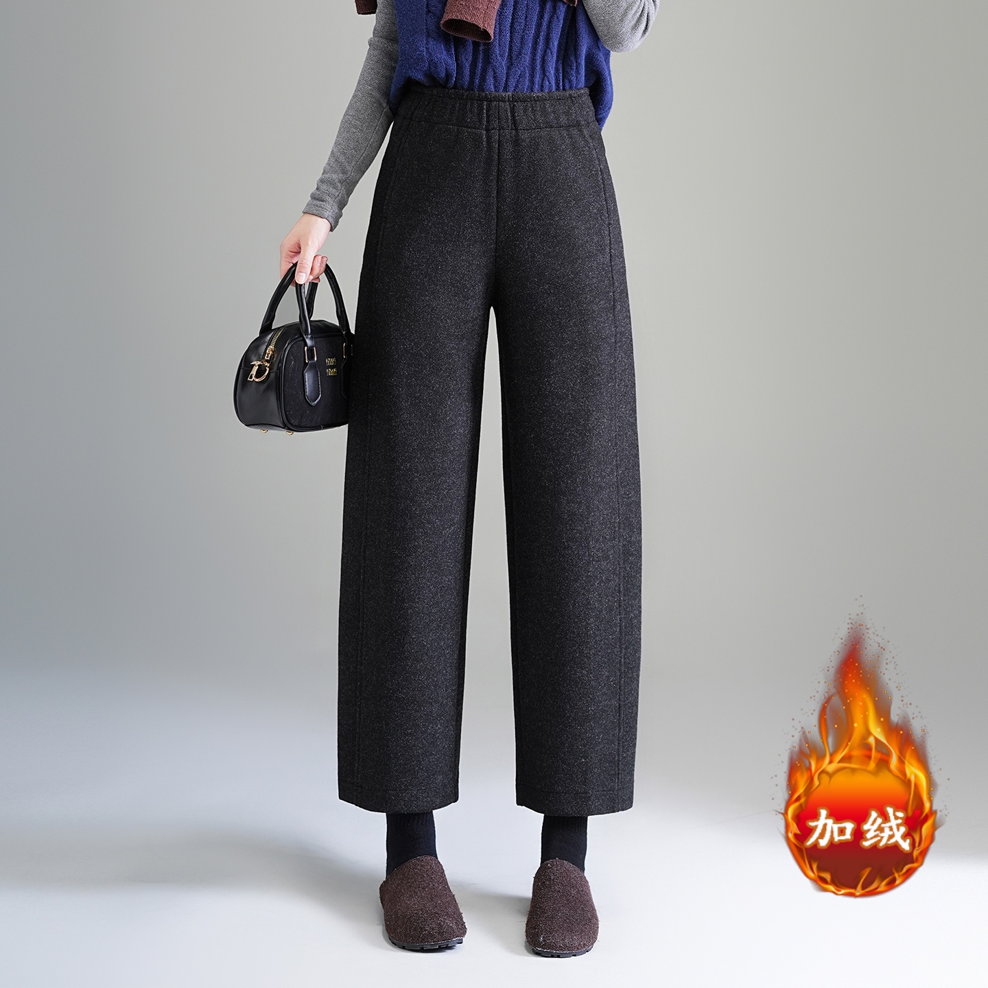 拉夏贝尔窄版阔腿裤女秋冬2025新款小个子高腰显瘦加厚九分休闲裤
