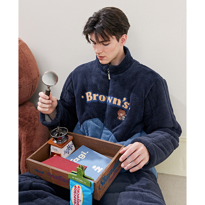 芬腾情侣睡衣珊瑚绒秋冬加绒加厚保暖套装女休闲法兰绒大码家居服