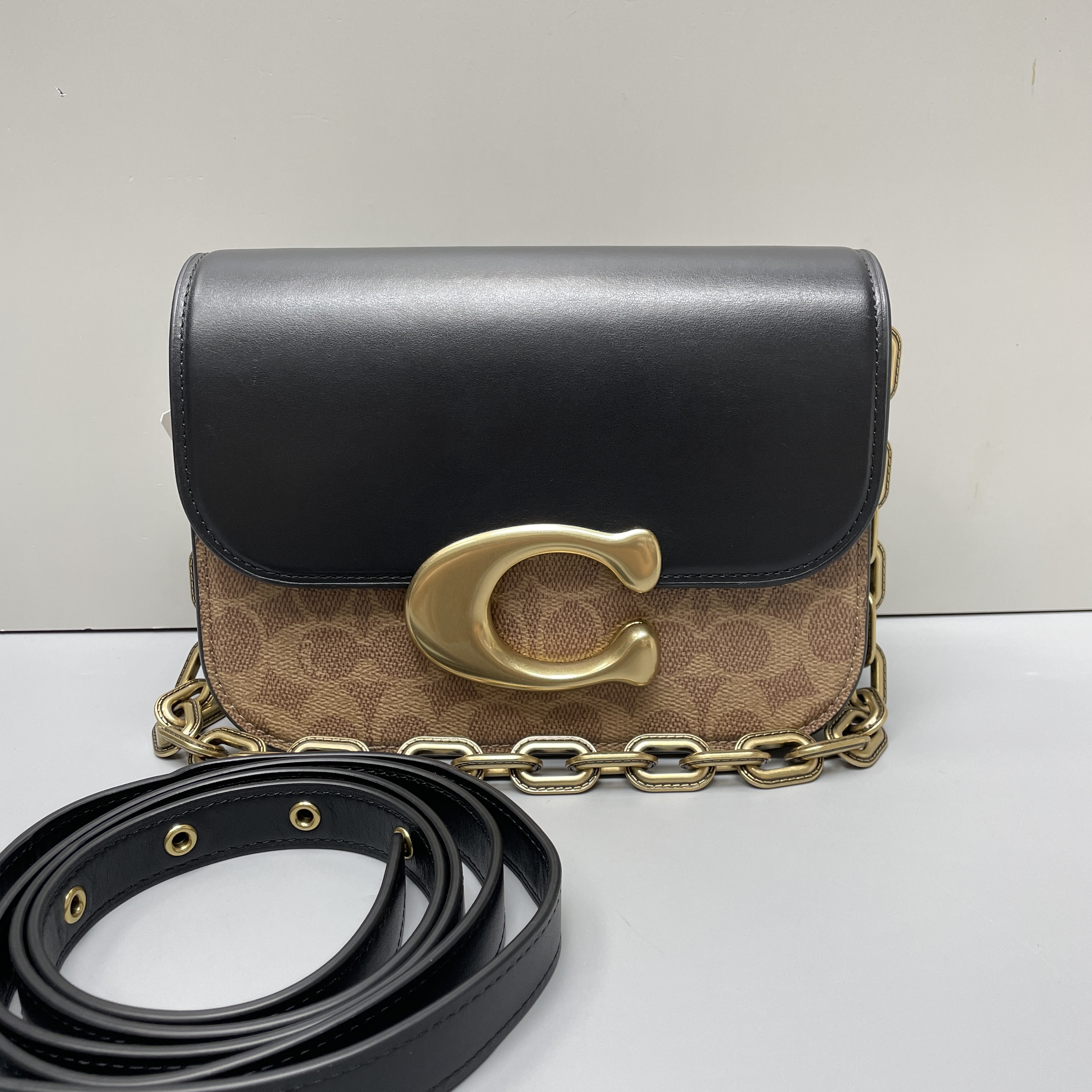 95新 COACH/蔻驰 idol21黑拼老花邮差包21*16*8cmM110401