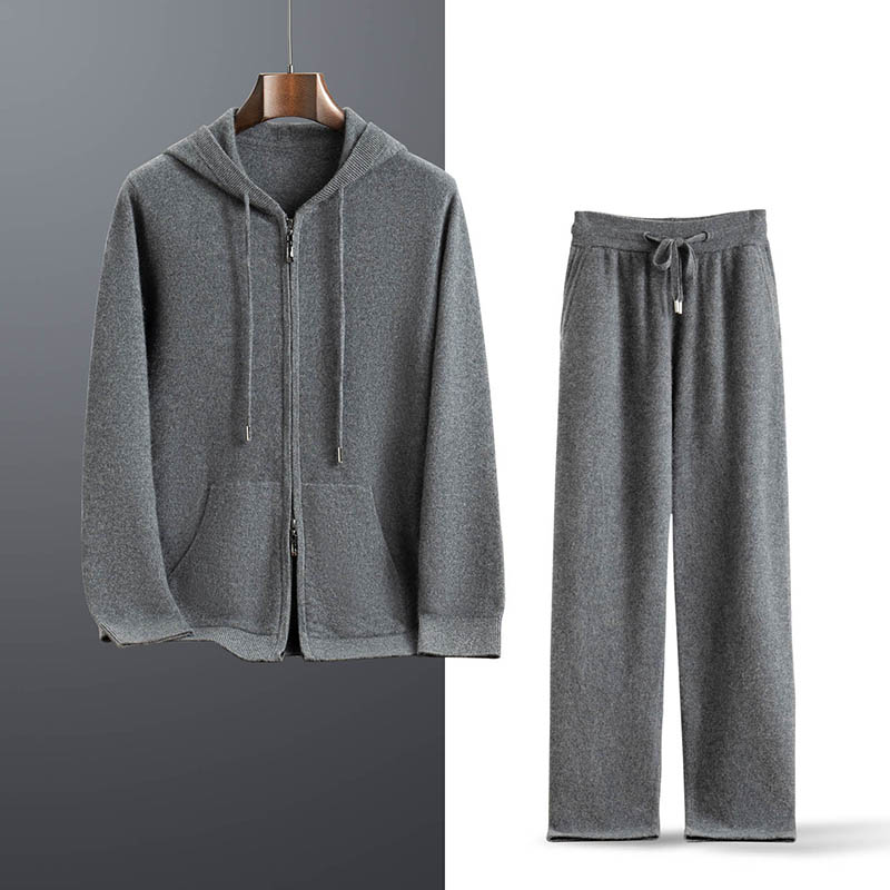 重磅加厚100%纯山羊绒衫男两件套空气层直筒裤连帽衫曼云005-006