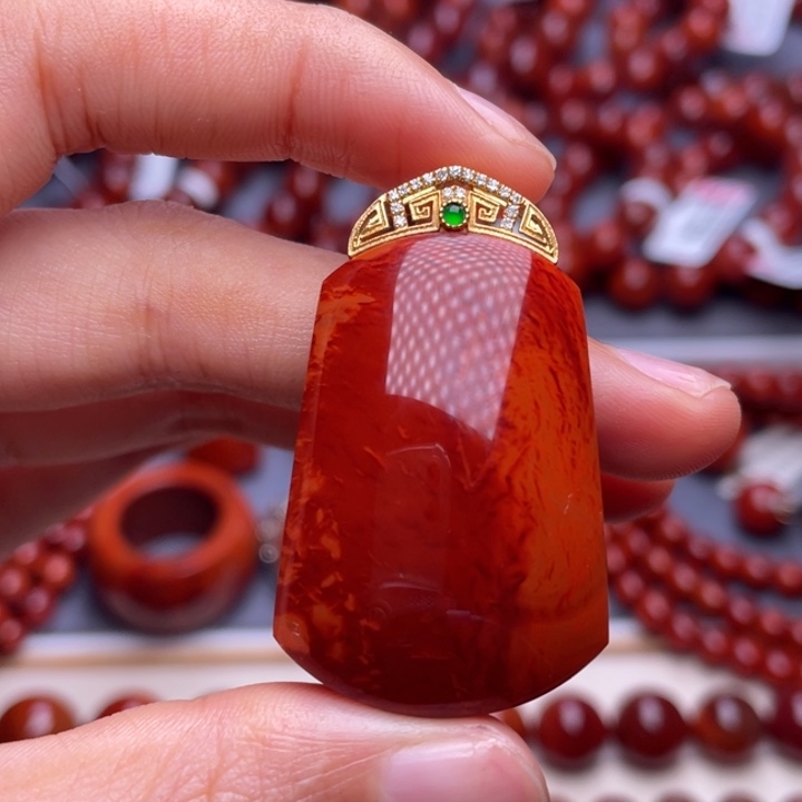 南红玛瑙18K金镶嵌其他 典藏级 瓦西妖孽火焰纹满肉无事牌