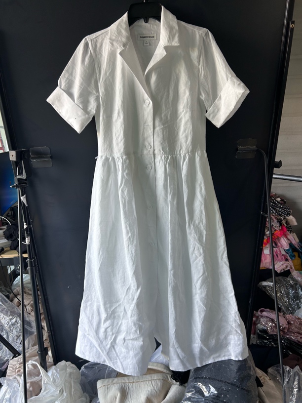 纯麻连衣裙白色时尚休闲女士夏季气质百搭简约宽松长款纯色翻领