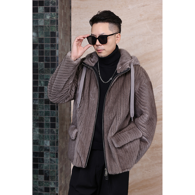 海宁新款貂皮大衣连帽铁灰色皮草外套设计师款休闲