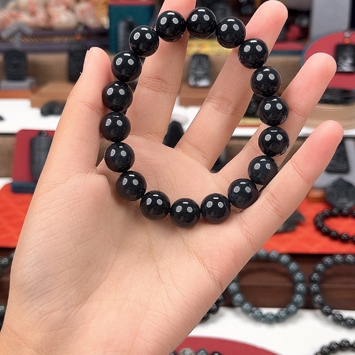 和田玉未镶嵌手链卡12圆珠手串90墨