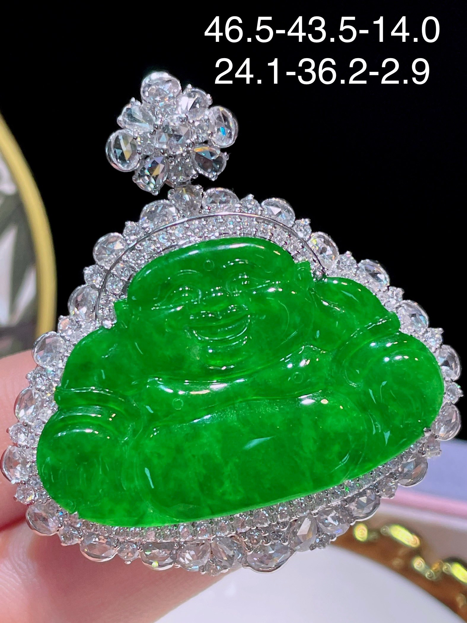 天然缅甸A货翡翠18k金南非真钻冰种辣绿佛公吊坠