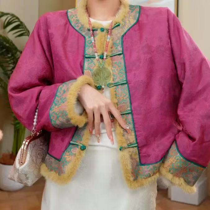 （名锦花间）毛领新中式冬款毛领棉服重工织锦外套2024D5550-乖乖