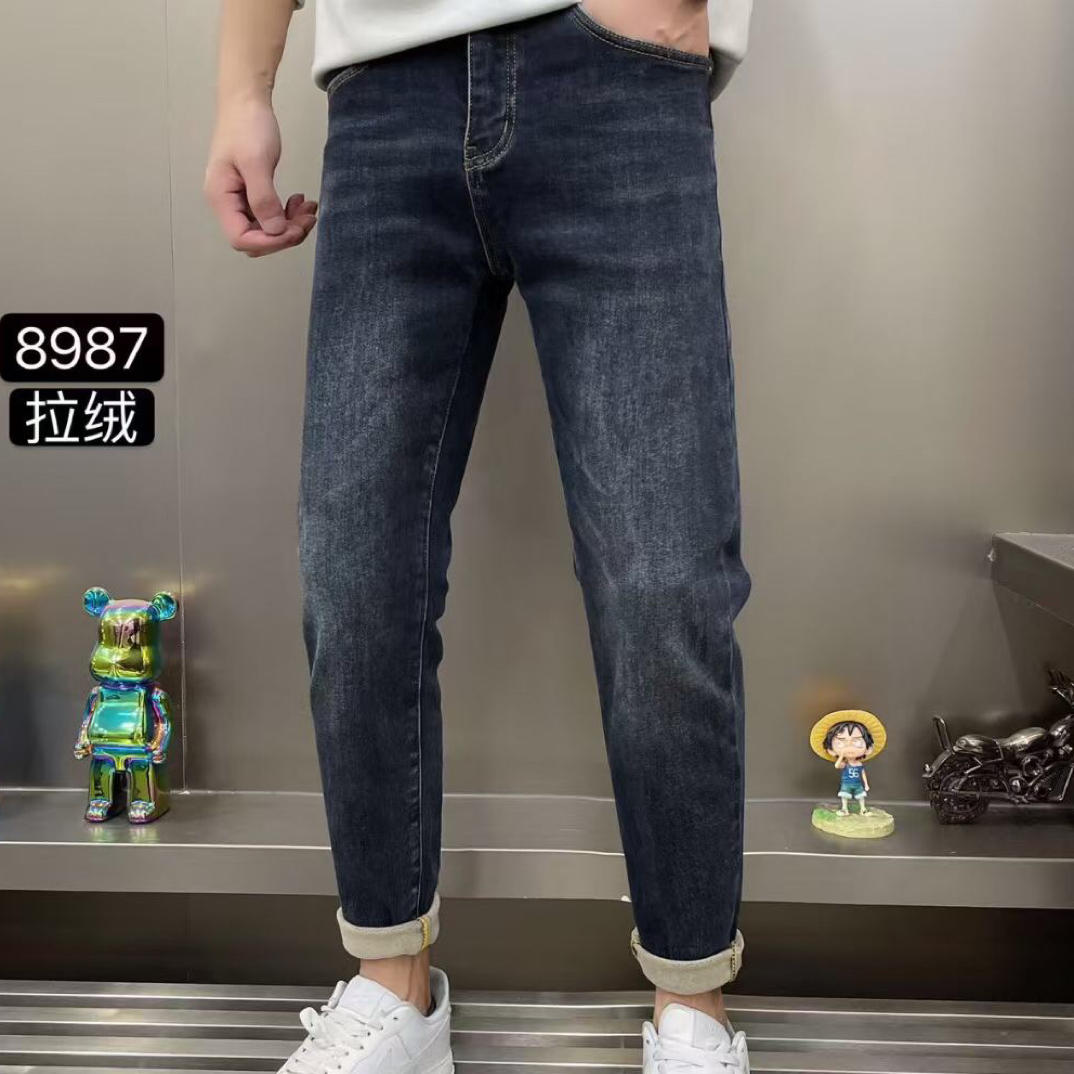 冬季男士抓绒深蓝色牛仔裤小直筒修身弹力休闲百搭裤子男装