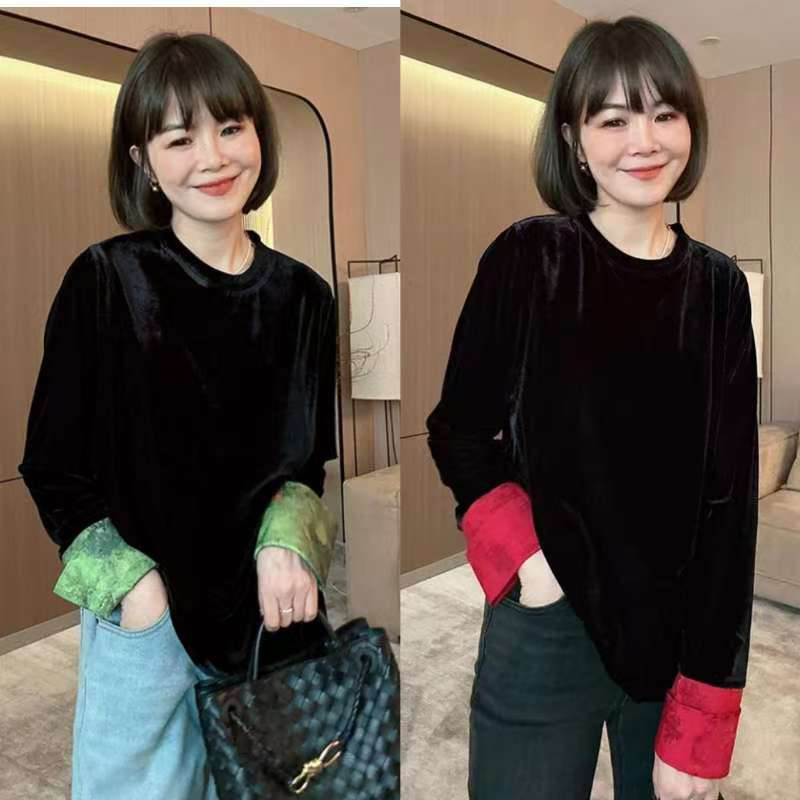 福利大码女装新中式拼接丝绒长袖圆领复古显瘦国风T恤
