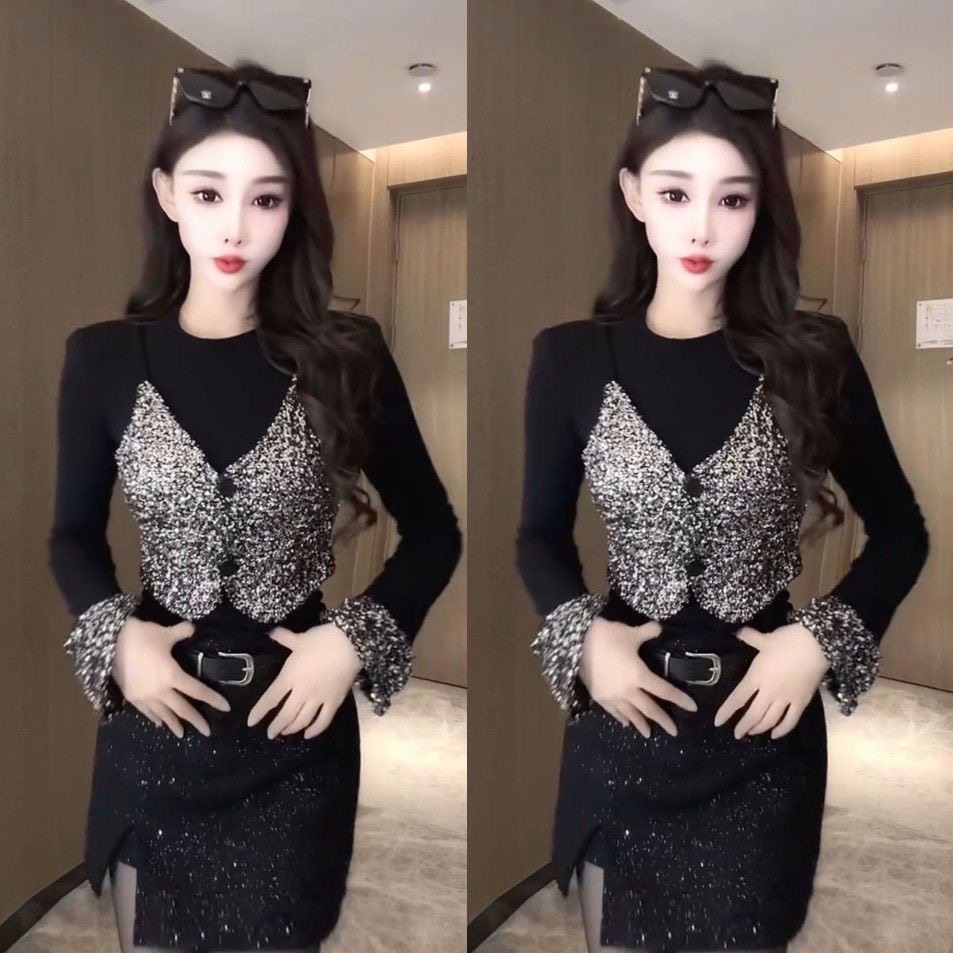 网红爆款时尚假两件小衫秋冬新款重工亮片百搭显瘦女士上衣