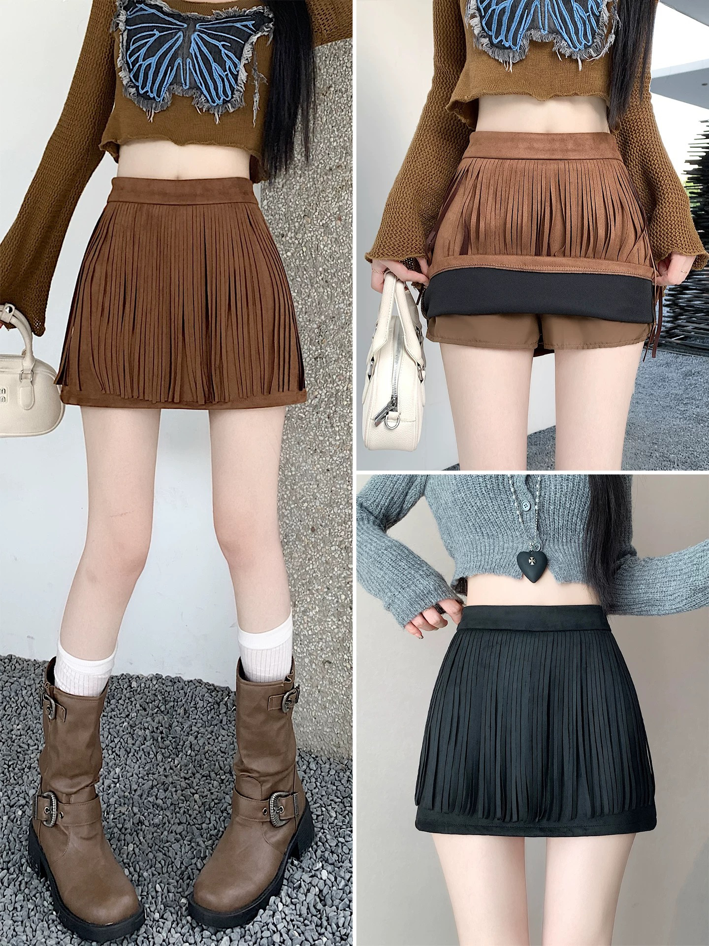 2025年秋季新款法式复古设计感百搭流苏麂皮半身裙修身百搭短裙女