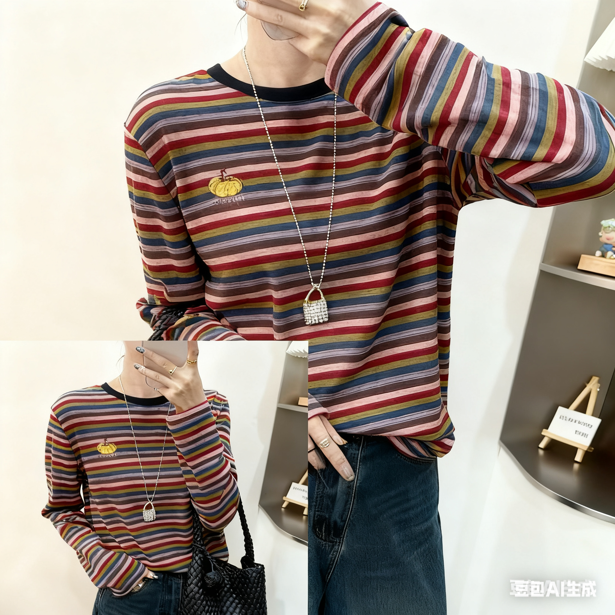 DMG3028时尚条纹拼色长袖T恤女韩国新款棉质休闲打底衫南瓜上衣潮