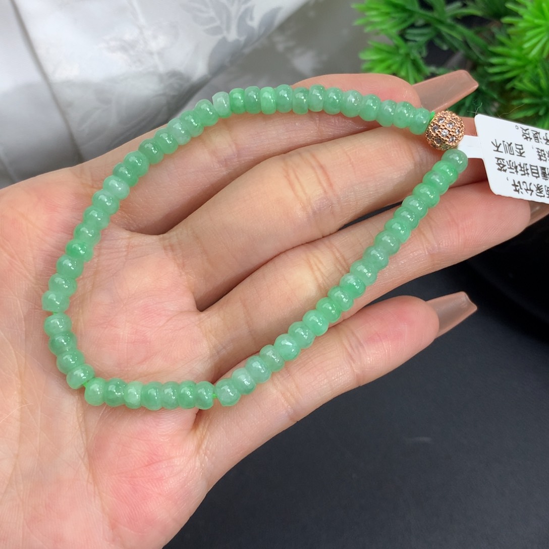 翡翠手链未镶嵌卡4.6胶润果绿算盘手串