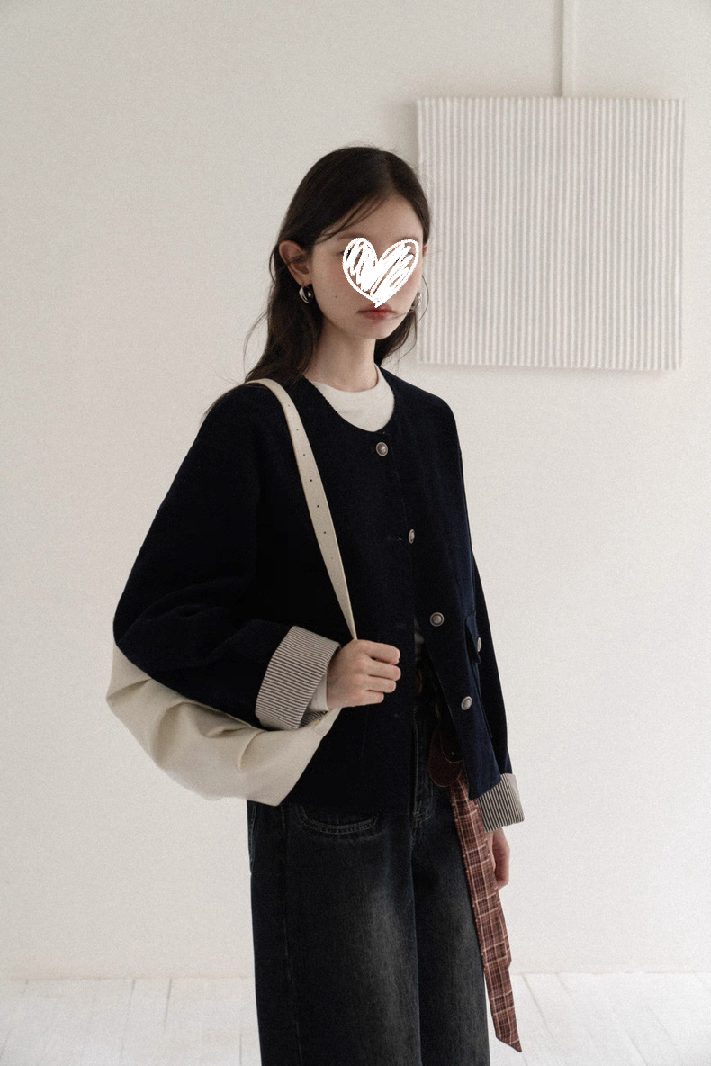复古藏青色拼接条纹短外套女秋季新款美式宽松撞色上衣