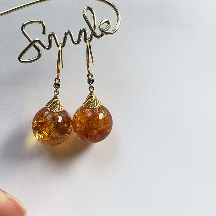 琥珀（花珀）银S925镶嵌耳饰