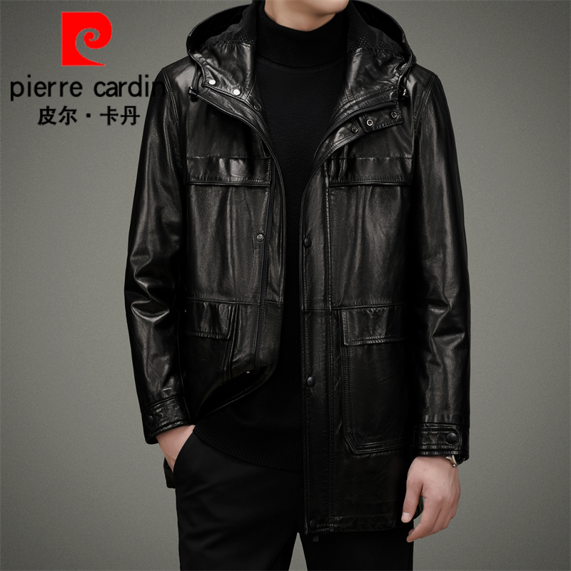 皮尔卡丹头层山羊皮真皮皮衣男皮大衣连帽中长款羽绒服风衣加厚冬