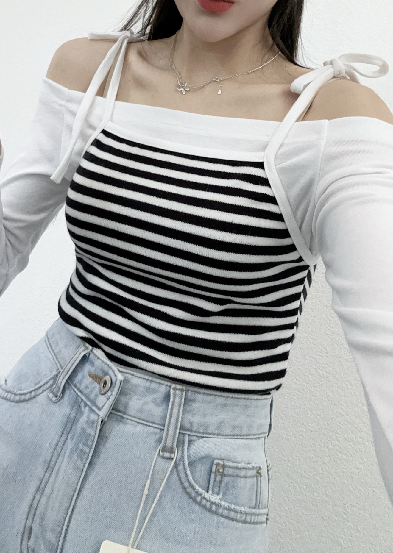 韩国东大门正品nana韩国女装条纹假两件一字领上衣